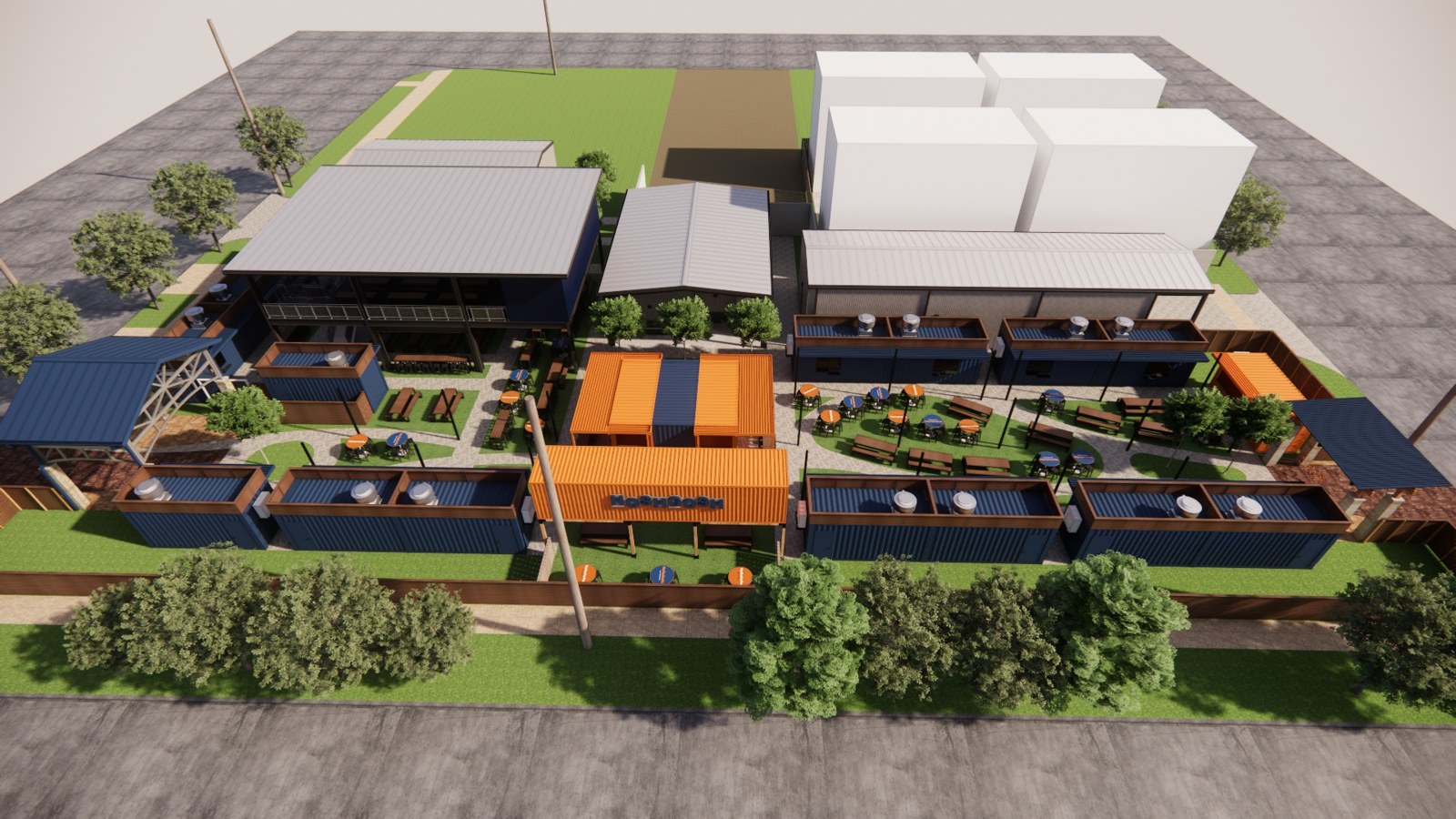 Concept rendering of an outdoor food park with colorful container structures and gathering areas